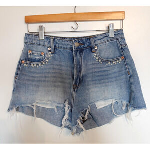 Pookie & Sebastian Shorts Womens Medium Blue Denim Pearl Embellished Raw‎ Hem